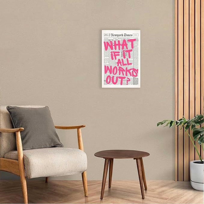 Drimiler Retro Newspaper Pink Font Poster What If It All Works Out Canvas Wall Art Positive Affirming Quote Minimalist Prints Painting For Home Bedroom Dorm Wall Decor 12x16in Wframed