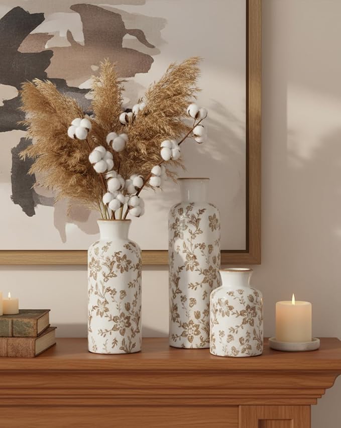 Brown Ceramic Vase Set of 3, Vintage Brown Floral Vases for Home Decor | Crackle glaze and distressed rims for living room mantels and dining table centerpieces