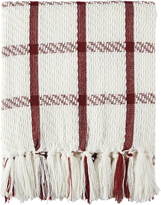 CREVENT 50"X60" Farmhouse Breathable Soft and Warm Chenille Plaid Throw Blanket for Sofa Couch Bed, Home Decoration Throw with Tassles (Red & White)
