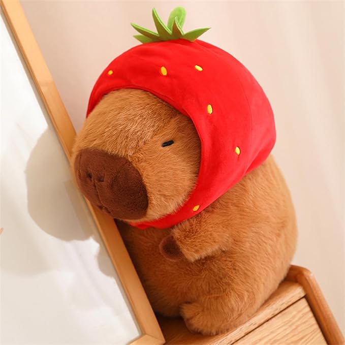 Cute Capybara Stuffed Animal with Wearable Toast Headset, Gifts for Kids (9 Inches, Strawberry Capybara)