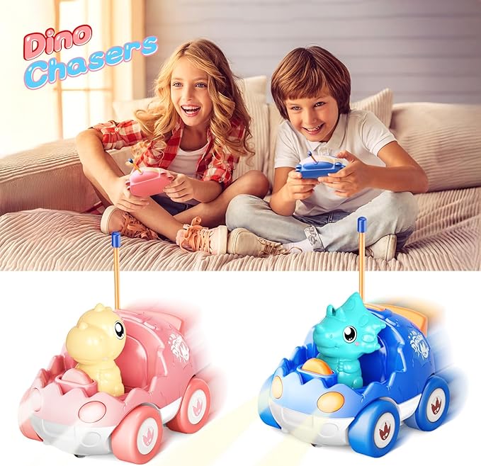 2 Pack Pink Dinosaur Remote Control Car Toys, Valentine's Day Birthday Gifts for Boys Girls 2 3 4 Years Old, Dino RC Car with Music and Light, Toddlers Toys for Kids 2-4 Year Old,(Pink Blue)
