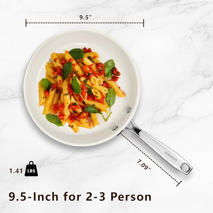 SAKAMOSH 9.5" Nonstick Ceramic Frying Pan, Non Toxic Pan, White | PTFE & PFAS & PFOA Free Ceramic Coating, Dishwasher/Oven Safe, Induction Compatible, Suitable for all Stovetops, Lightweight