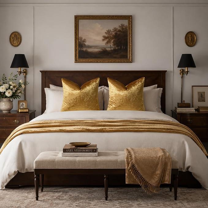 GIGIZAZA Crushed Gold Velvet Throw Pillow Covers 18x18 Pack of 2 | Decorative Pillows for Couch Sofa,280gsm Soft Textured Fabric,Modern Square Pillowcases,Luxury Cushion Covers