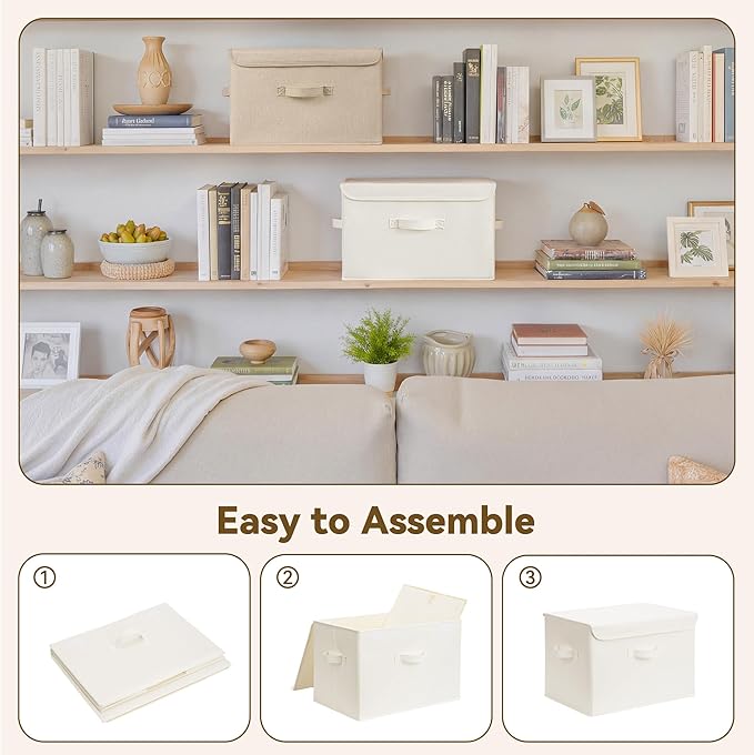 GRANNY SAYS Memory Keepsake Storage Box, Fabric Storage Bins with Lids | Flip-Top Lid, Collapsible, Stackable, 3 Handles, Ideal for Closet Clothes Blanket Toys, Large, Ivory White&Khaki, 2-Pack
