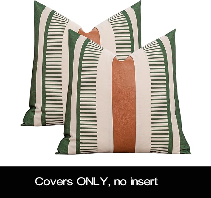 2 Pack 20x20 Pillow Covers - Brown Faux Leather & Olive Green Striped Soft Cotton, Same Pattern Both Sides | for Couch Sofa Bed, Farmhouse Industrial Decor