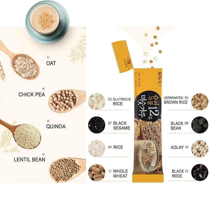 Damtuh Korean Grain Drink Mix Bundle – Walnut Almond Adlay Tea Powder (Job’s Tears/Yulmu) + 12-Grain Misugaru Multigrain Powder, Latte-Style Drink, Caffeine-Free 18g x 50 / 20g x 40 Stick Packs