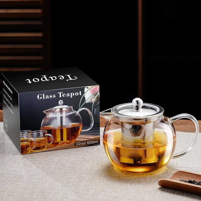 PARACITY Glass Teapot Stovetop 22 OZ/650ml, Tea pot with Removable 18/8 Stainless Steel Infuser, Borosilicate Clear Tea Kettle, Teapot Blooming and Loose Leaf Tea Maker Tea Brewer for Camping, Travel
