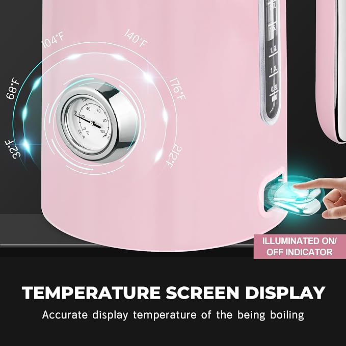 SUSTEAS Electric Kettle - 57oz Hot Tea Water Boiler with Thermometer, 1500W Fast Heating Stainless Steel Pot, Cordless LED Indicator, Auto Shut-Off & Boil Dry Protection, Pink