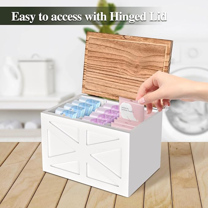 Tampon holder for bathroom,Feminine Product Organizer With Lid,Wood Tampon storage(White)
