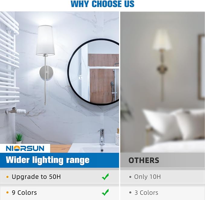 Brushed Nickel Battery Operated Wall Sconce Set of 2,Rechargeable Wall Lights with 10400mAh Dimmable Detachable Bulbs and Remote,9 Colors Wireless Sconces for Bedroom Living Room Hallway