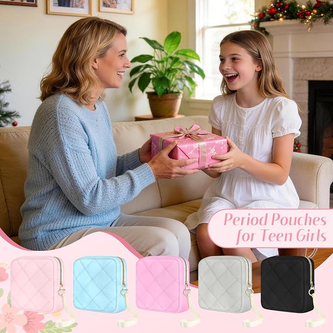Likesing Quilted Period Bag, Period Pouches for Teen Girls Womens, Portable Sanitary Napkin Storage Bag with Wrist Strap Feminine Emergency Tampon Pad Pouch(Pink)