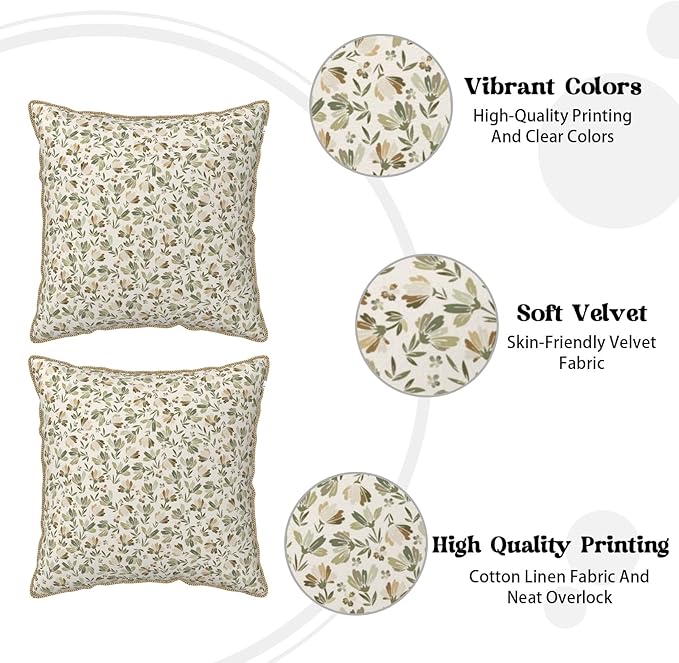 KSLIDS Sage Green Beige Floral Soft Velvet Throw Pillow Covers Set of 2 Vintage Brown Flower Decorative Pillow Covers 18x18 Inch Rustic Pillow Case for Sofa Couch Bedroom Farmhouse Home Decor