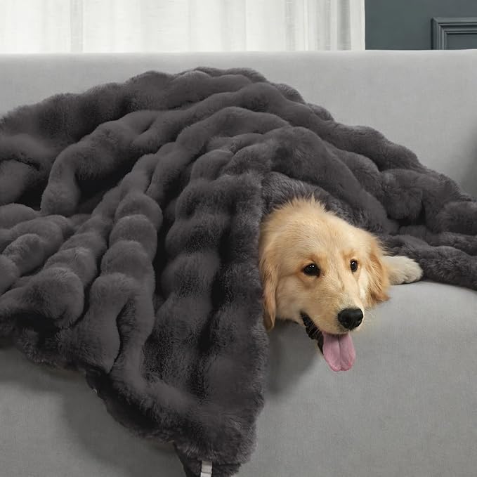 Cozy Bliss Faux Fur Bubble Throw for Couch, Fuzzy Soft Plush Thick Blanket for Sofa Bedroom Living Room, 60x80 Inches Charcoal Grey