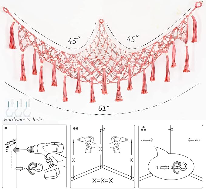 Stuffed Animal Net or Hammock for Corner Macrame Toy Display Plush Toy Storage Net Corner Hanging Mesh-Pink