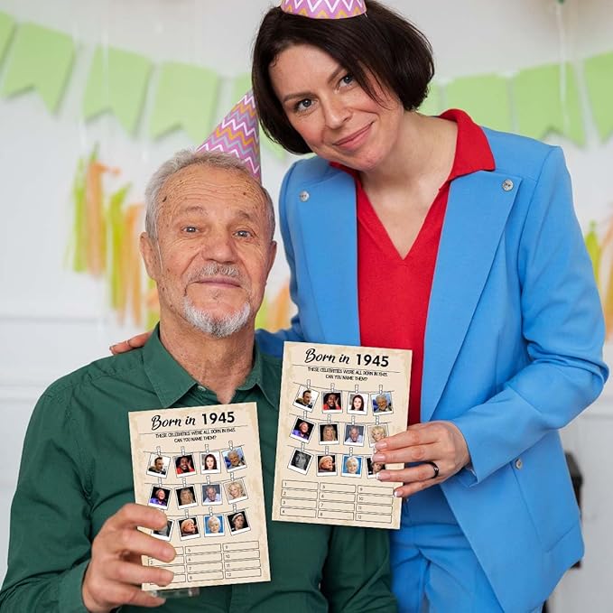 QUPT 80th Birthday Party Games, Born in 1945 Games, Birthday Party Supplies for Adults, Fun 1945s Party Game, Happy 80th Birthday Game, Pack of 30 Cards,