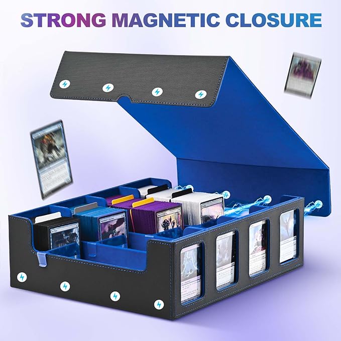 UAONO Trading Card Storage Box with Commander Display; 2400+ Deck Box for MTG with Removable Cover; Top Loaders Card Case fits Magic TCG PTCG Sports Cards; 24 Dividers, 4 Stoppers (Black, Blue)