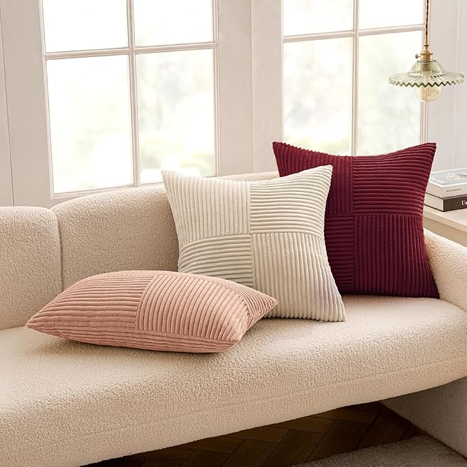 MIULEE Burgundy Decorative Throw Pillow Covers for Couch 18x18 Inch | 2 Pack, Boho Farmhouse Pillow Covers, Soft Cross Corduroy Patchwork Textured Cushion Cases For Bed Sofa