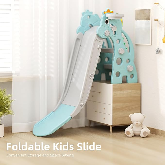 GLAF Toddler Slide Baby Kids Indoor Slide for Toddlers 1-3 Indoor Outdoor Playset with Basketball Hoop and Ball Kids Backyard Climber Set (Mint)
