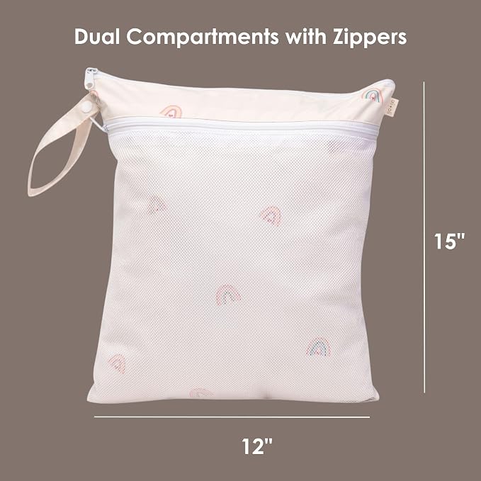 Ali+Oli Water Resistant Dual-Compartment Wet-Dry Bag for Travel, Hook to Stroller, Daycare, Diapers, Diaper Bag, Clutch Bag,15x12 inches (Rainbows)