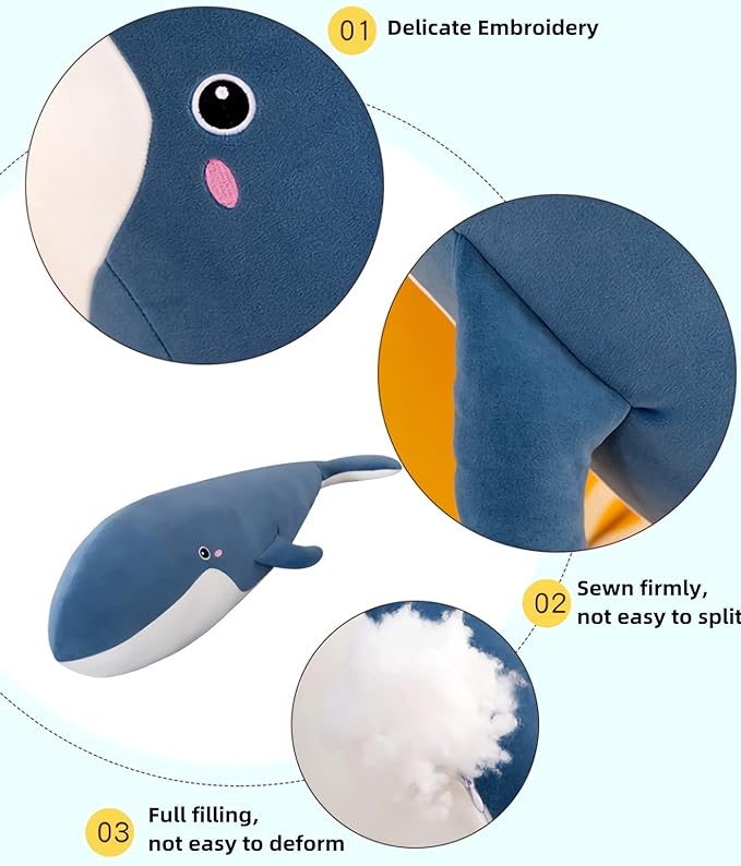 Whale Stuffed Animal Plush - Large Soft Whale Body Pillow, 47.2'' Stuffed Whale Toy with Removable Washable Cover, Cute Plush Whale Throw Pillow Gift for Kids, Girls, and Boys