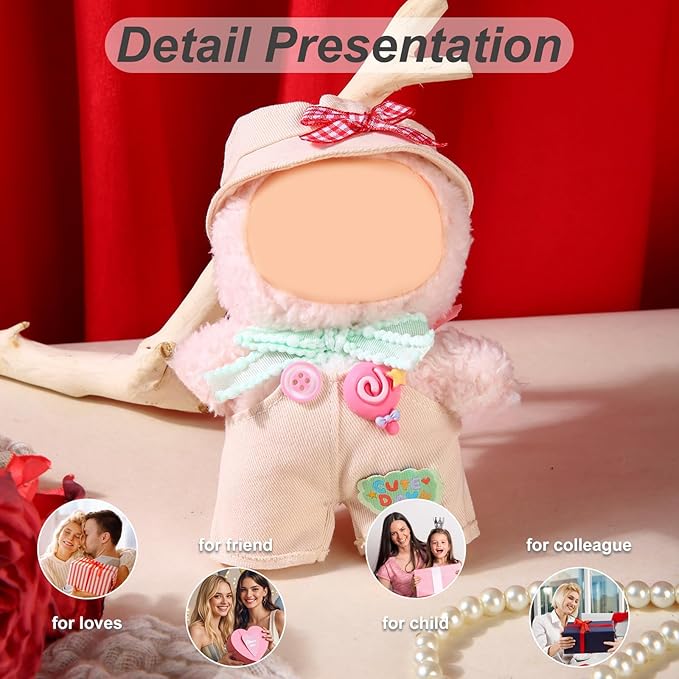 17cm Doll Clothes Set (No Doll) – Outfit with Hat & Overalls, Handmade Accessories for Mini Dolls, OB11-Compatible Dress-Up Gift (Pink Knot)