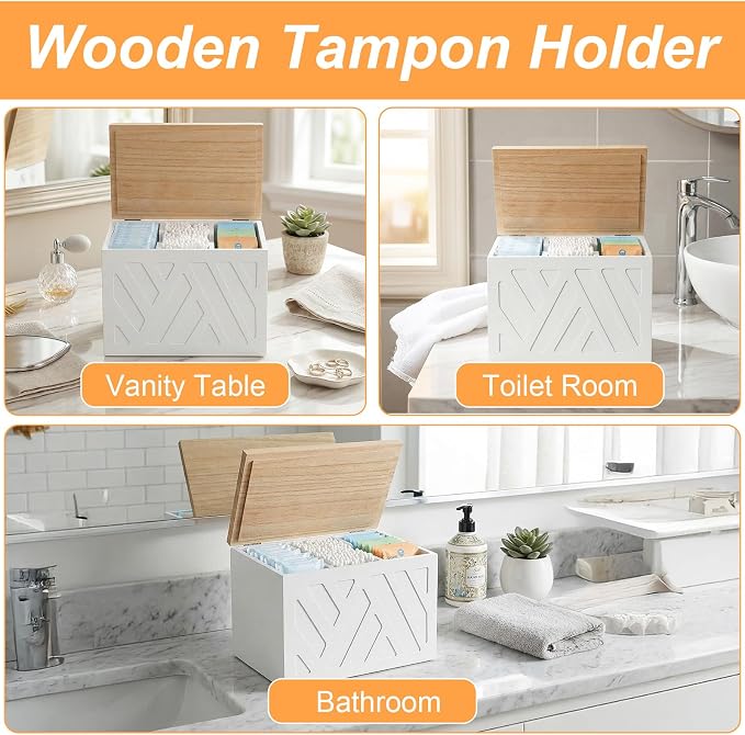 Tampon Holder for Bathroom, Feminine Products Organizer with Lid Wooden Shark Week Tampon Storage for Bathroom, Bedroom, Toilet (White)