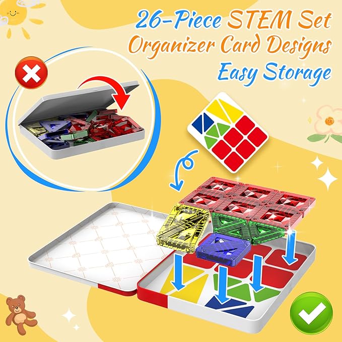 Mini Magnetic Tiles for Kids Ages 3-8, Travel Magnetic Building Blocks with Metal Storage Box, STEM Educational Toys, Montessori Sensory Learning Toys for Toddlers, Boys & Girls Gift
