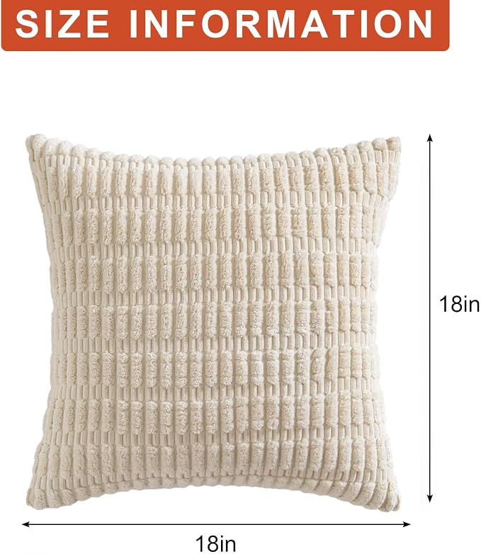 Pack of 2 Corduroy Decorative Throw Pillow Covers 18x18 Inch, Cream White | Fall Soft Striped Pillow Covers Modern Farmhouse Home Decor Christmas Throw Pillow Covers for Sofa Living Room Couch Bed 