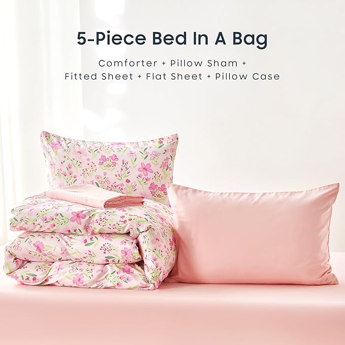 Wake In Cloud - Floral Bedding Set for Girls, Cute Colorful Botanical Flowers Patterned Soft Lightweight Comforter Set with Sheets, 5 Pieces Kids Bed in a Bag, Light Pink, Twin Size
