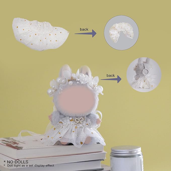 17cm Doll Clothes Set and Accessories Suit,(NO Doll) 3-Piece Set, Outfits for Clothes Set, Dolls Keychain Accessories, Including Fairy Dress, Pearl Hair Accessories, Bow Necklace(White)