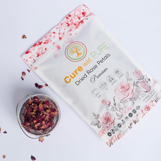 Cure Wid Pure Certified Organic Dried Rose Petals 4 oz Food-Grade Edible Rose Petals for Tea,Cocktails,Baking,Skincare & DIY - Sun-Dried,Non-GMO,Gluten & Chemical-Free Edible Flowers in Resealable Bag