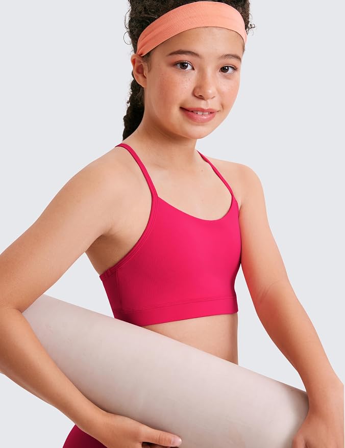 CRZ YOGA Girls Butterluxe Y Back Sports Bra - Yoga Athletic Casual Tops Scoop Neck Spaghetti Strap Padded Crop Kids Teen