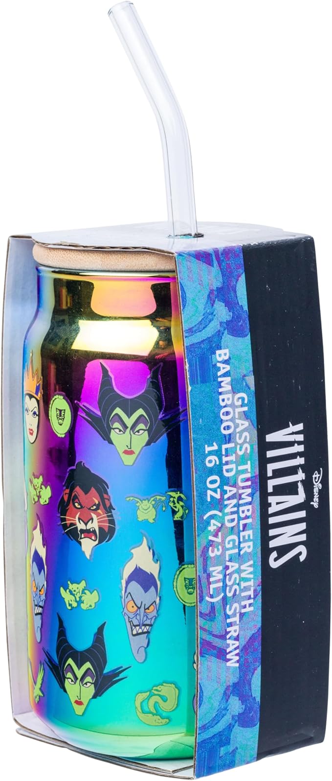 Silver Buffalo Disney Villains Electroplate Chrome Glass Tumbler with Bamboo Lid and Glass Straw Featuring Scar, Maleficent, Ursula, Evil Queen, and Hades, 16 Ounces
