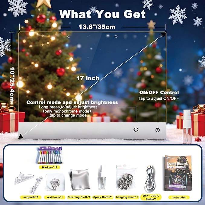 17" LED Note Board with Colors, 7 Light Effects Rechargeable Acrylic Led Drawing Board for Kids, Doodle Glow Dry Erase Lumi Boards with 12 Markers as Birthday & Christmas Gifts for Teen Girls & Boys