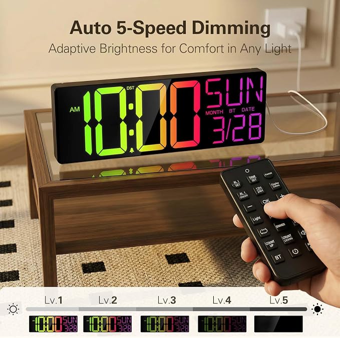 JALL 17.98" Large Digital Wall Clock with RGB Lights & Remote, Digital Clock with Bluetooth Sync & DST, Wall Clock with Temperature & Seconds Display, Clocks for Living Room, Seniors