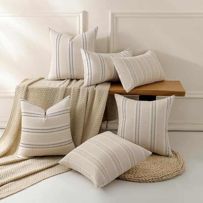 Hckot Stripe Throw Pillow Covers 12x24 Lumbar Navy Blue Pillow Covers | Farmhouse Decorative Pillows Textured Cushion Covers for Sofa Couch Bed Living Room Decor