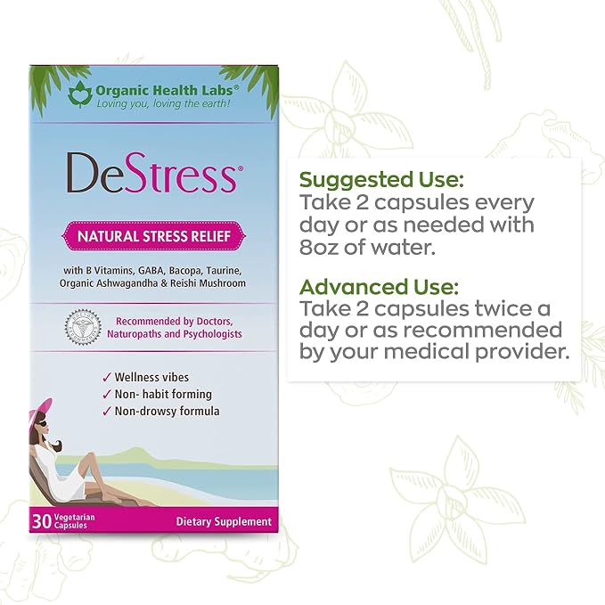DeStress All-Natural: Veggie Capsules, with B Vitamins, Magnesium, Ashwagandha and L-Theanine Supplement, Anxiety Relief, 30 Veggie Capsules, Stress Relief Supplement Organic Health Labs