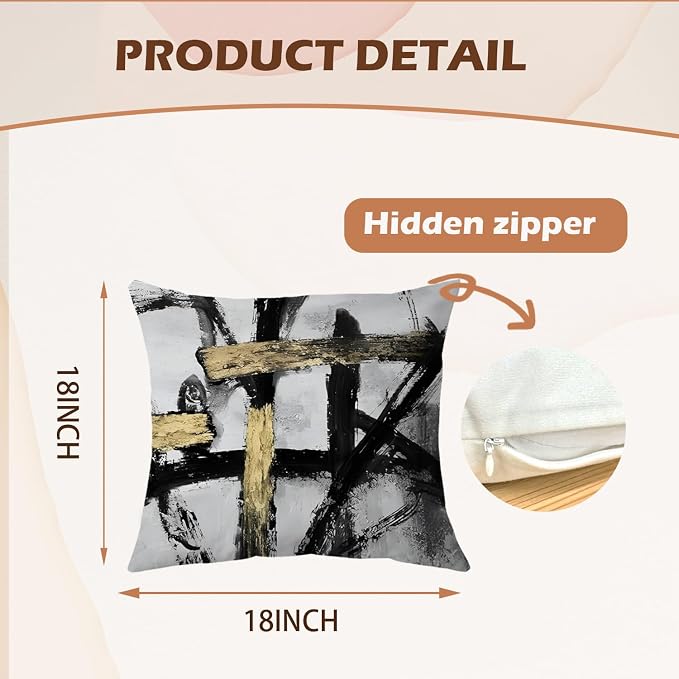 Black White Gold Pillow Covers, White Black and Gold Pillow Covers 18x18 Set of 2, Modern Black and White Pillow Covers for Couch Bed Living Room