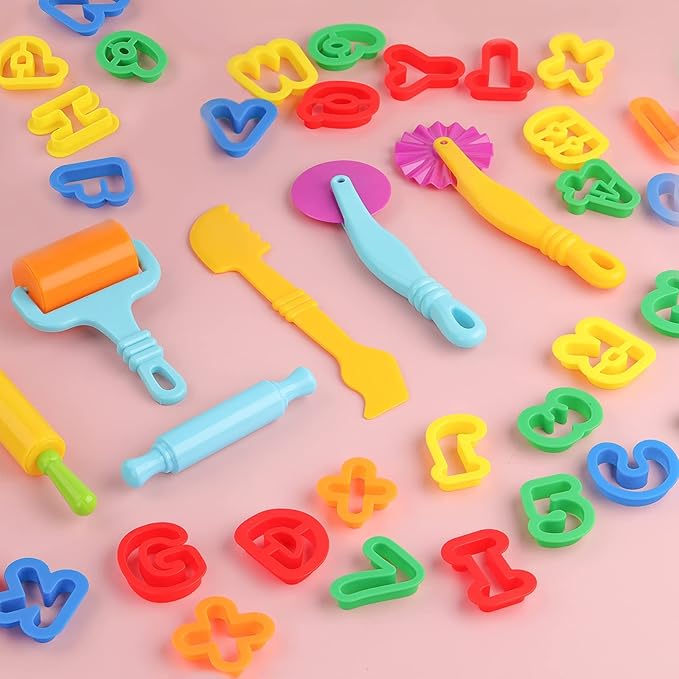Dough Tools 47 PCS Dough Play Tools Set for Kids, Plastic Alphabet Numbers Cutters, Rollers, Rolling Pins