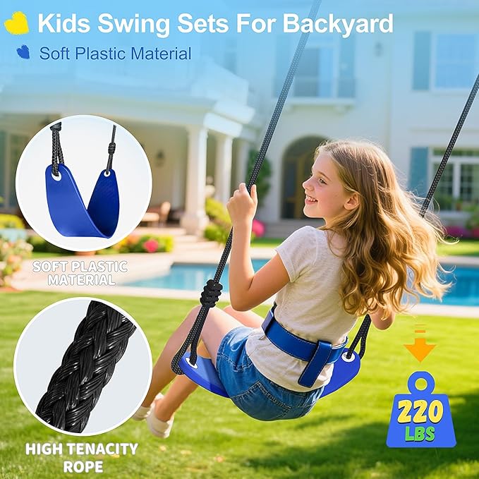 JYGOPLA 440lbs Kids Swing Set, 3-in-1 Outdoor Playground with Saucer Swing, Belt Seat & 4ft Trampoline, Heavy Duty A-Frame Metal Stand & Safety Stakes, Backyard Playset for Toddlers 3-8 Years Old