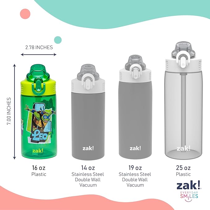 Zak Designs TMNT Sage Kids Water Bottle For School or Travel, 16oz Durable Plastic Water Bottle With Straw, Handle, and Leak-Proof, Pop-Up Spout Cover, 2-Pack Set (Teenage Mutant Ninja Turtles)
