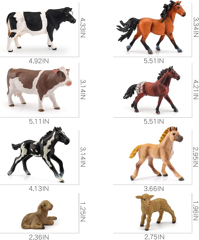 LC JoyCre Farm Animals Playset 8PCS Cows Sheep Horses Toys Playset for Toddlers Holstein Simmental Cow Figure Lamb Figure Appaloosa Foal Model Kids Birthday Party Collection
