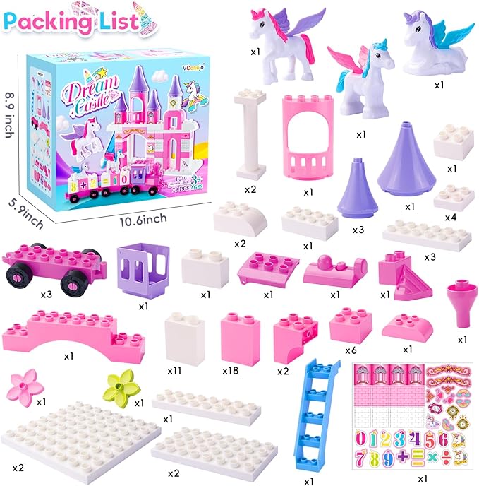 Classic Building Blocks for Toddlers - Compatible with Major Brands, Unicorn Theme Princess Castle & Number Trains Classic Bricks, Creative Educational Buildable Kits for Girls Boys Ages 3, 4, 5, 6-12