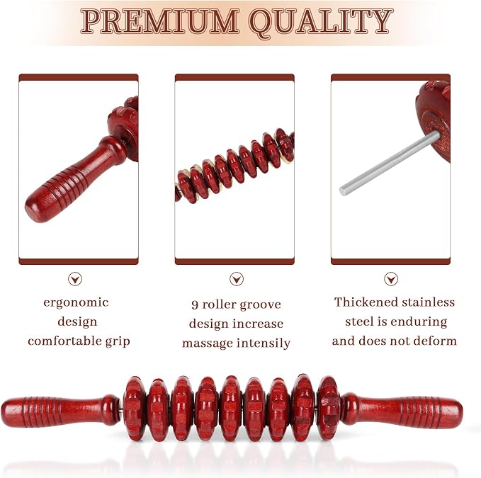 Liitrton Manual Wooden Fascia Massage Roller Trigger Points for Release Cellulite Sore Muscle Blasting (Red straight-9-Wheel)