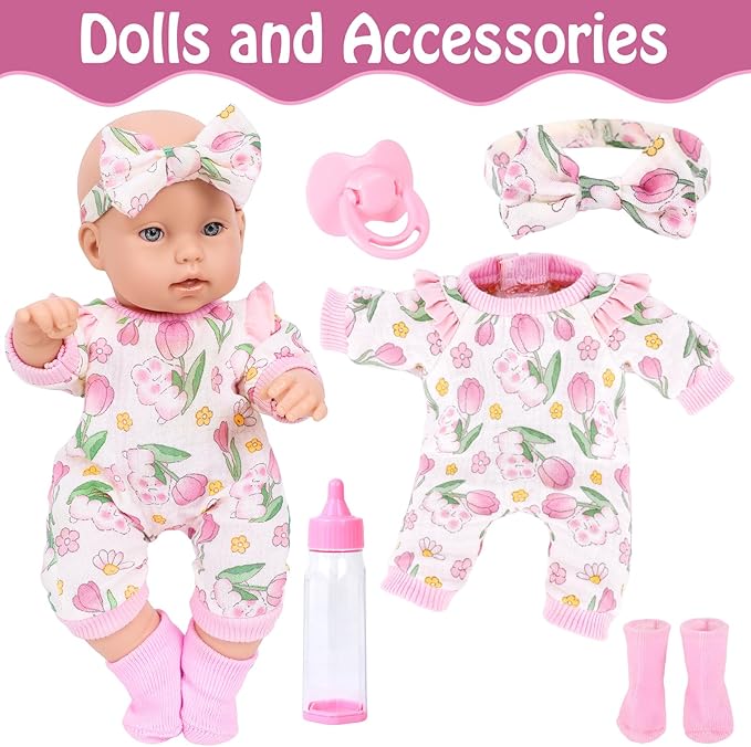 12" Girl Baby Dolls with Doll Clothes and Accessories,First Baby Doll Playset Includes Feeding Bottle,Pacifier Gift Idea for Toddler 3 Ages and Up