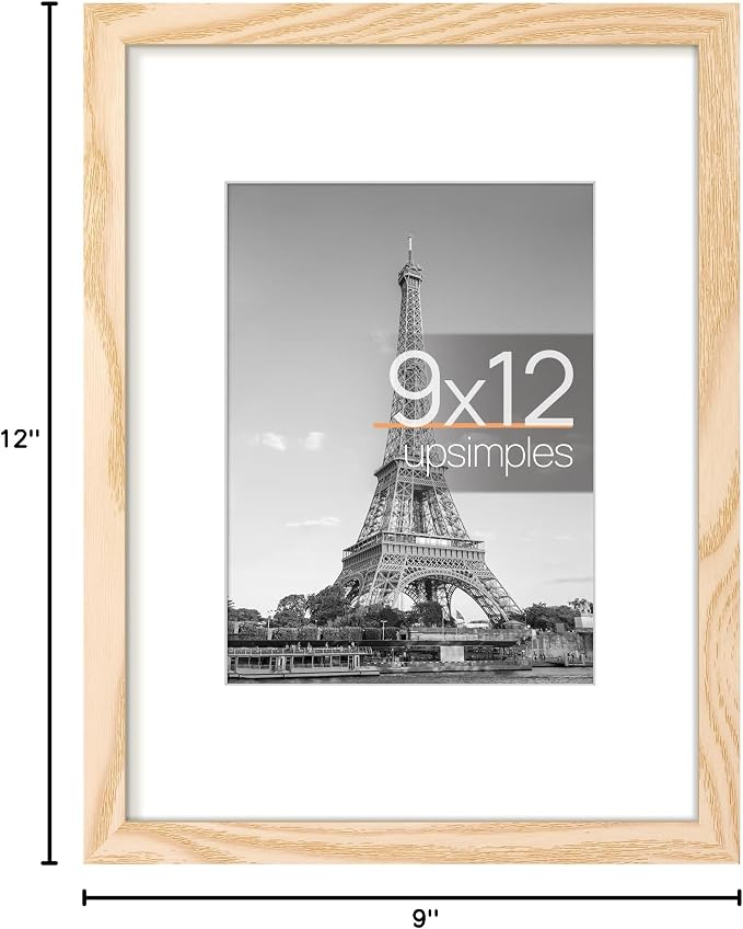 upsimples 9x12 Picture Frame, Display Pictures 6x8 with Mat or 9 x 12 Without, Wall Hanging Photo Frames, Natural Style, 1 Pack