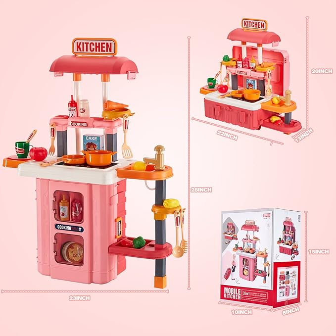 3-in-1 Kids & Toddler Play Kitchen - Interactive Kitchen Playset with Real Cooking Sounds & Lights, 50 Accessories & Flowing Water Feature, Portable Travel Suitcase Design Learning Toys for Ages 2-6