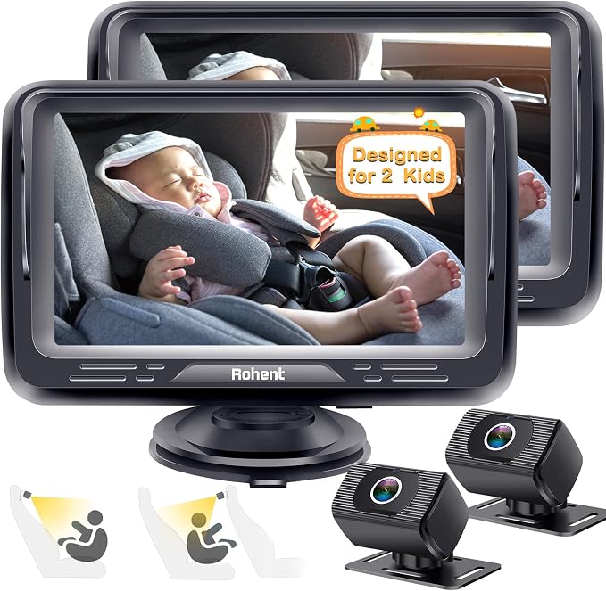 Rohent Baby Camera for Car 2 Pack - Dual HD 1080P Monitors with Night Vision, Adjustable Angles, Glare-Free Display, Easy Installation for Two Vehicles, Ideal for Road Trips
