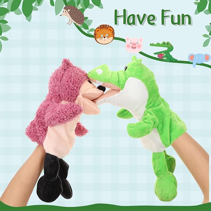 Wettarn 10 Pcs Animal Hand Puppets 12 Inch Soft Plush Plush Puppets Lion Orangutan Giraffe Tiger Pig Elephant Hand Puppets for Adults Storytelling, Teaching, Role Playing(Cute Style)