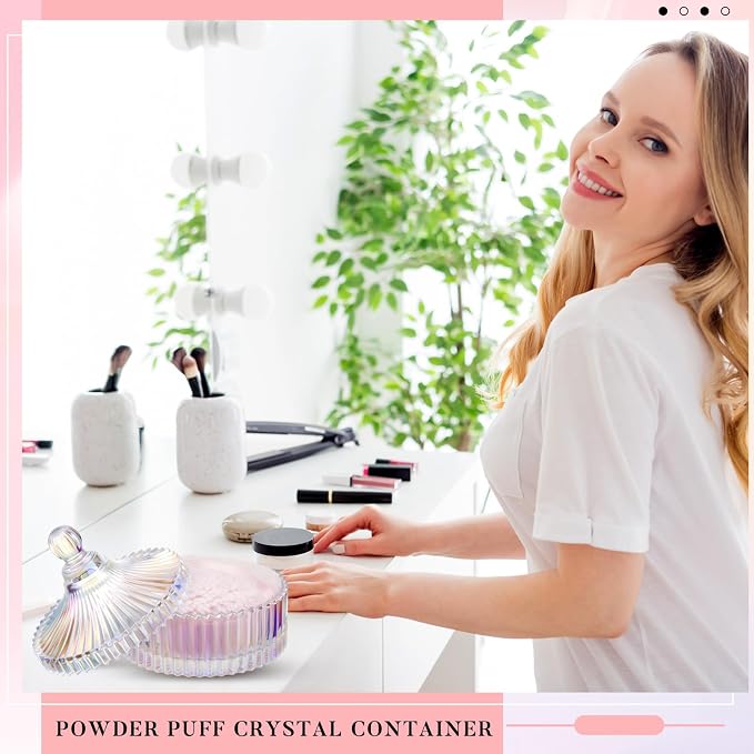 Tioncy 2 Pcs Extra Large Dusting Powder Puff and Container for Women-6'' Glass Crystal Dusting Powder Container Soft Washable Reusable Velour Face(Dazzling,Classic)